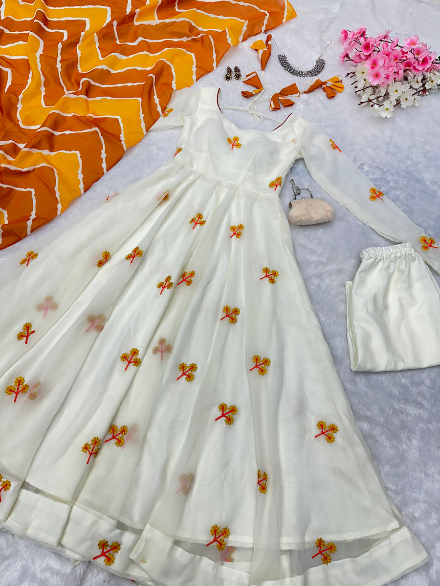 white christmas dresses Off White Floral Print Organza Three Piece Anarkali Suit – TANHAI