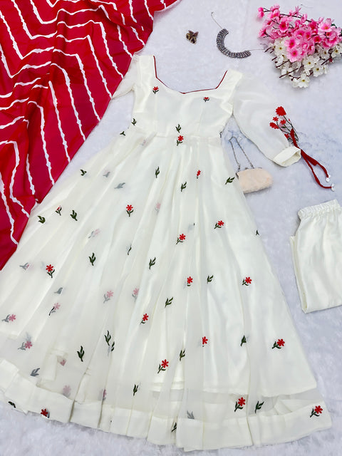 Off White Anarkali Suit with Leheriya Printed Dupatta