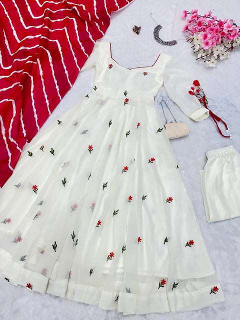 Off White Anarkali Suit with Leheriya Printed Dupatta