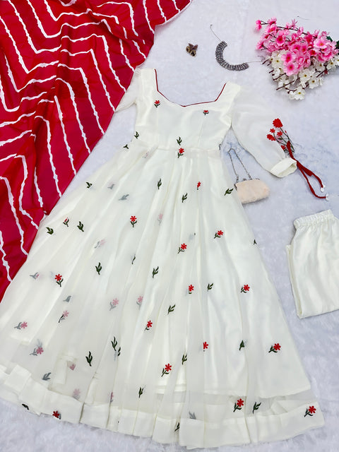 Off White Anarkali Suit with Leheriya Printed Dupatta