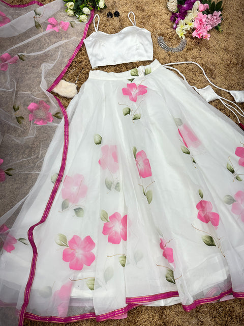 White Hand Paint Lehenga with Satin Blouse