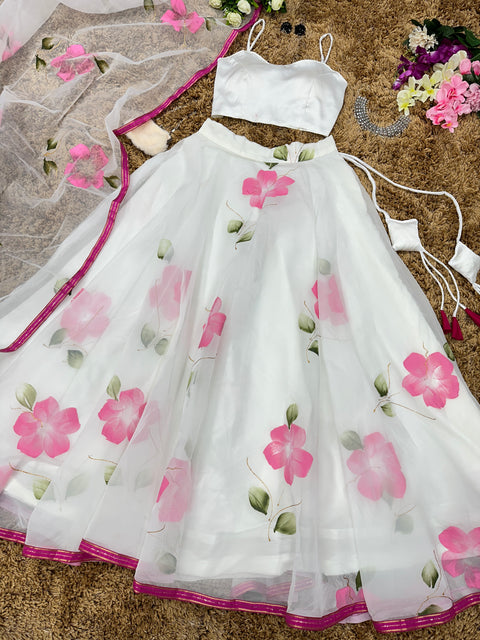 White Hand Paint Lehenga with Satin Blouse