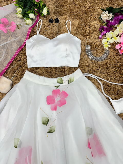 White Hand Paint Lehenga with Satin Blouse