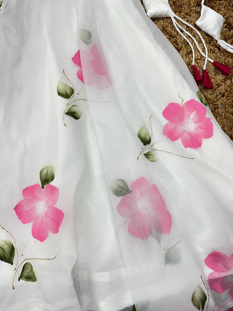 White Hand Paint Lehenga with Satin Blouse