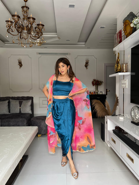 Drape style skirt and blouse with cape