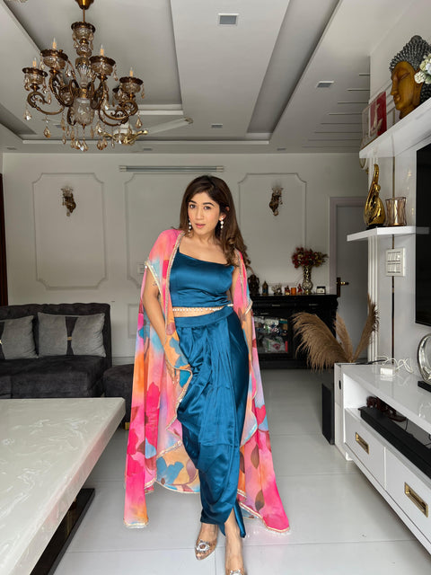 Drape style skirt and blouse with cape