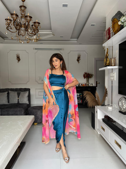 Drape style skirt and blouse with cape