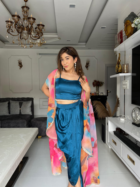 Drape style skirt and blouse with cape