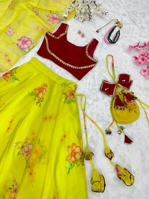 Lime floral Lehenga choli with Cute little Batwa Bag