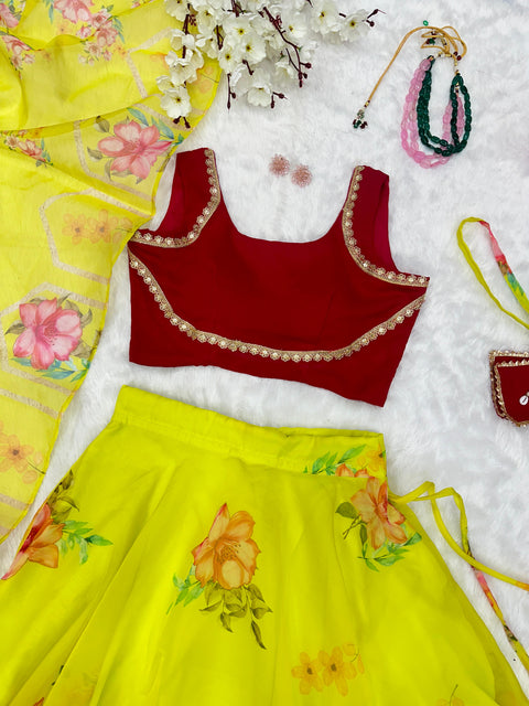 Lime floral Lehenga choli with Cute little Batwa Bag
