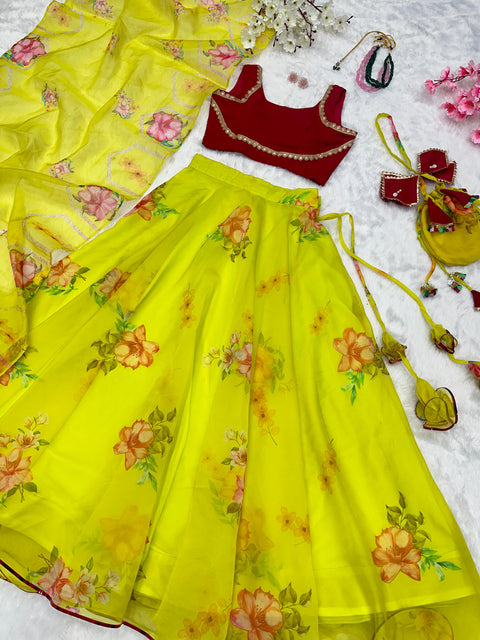 Lime floral Lehenga choli with Cute little Batwa Bag