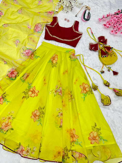 Lime floral Lehenga choli with Cute little Batwa Bag