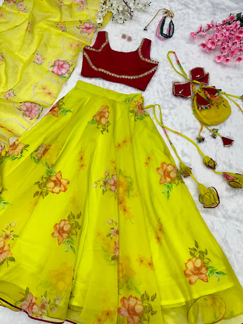Lime floral Lehenga choli with Cute little Batwa Bag