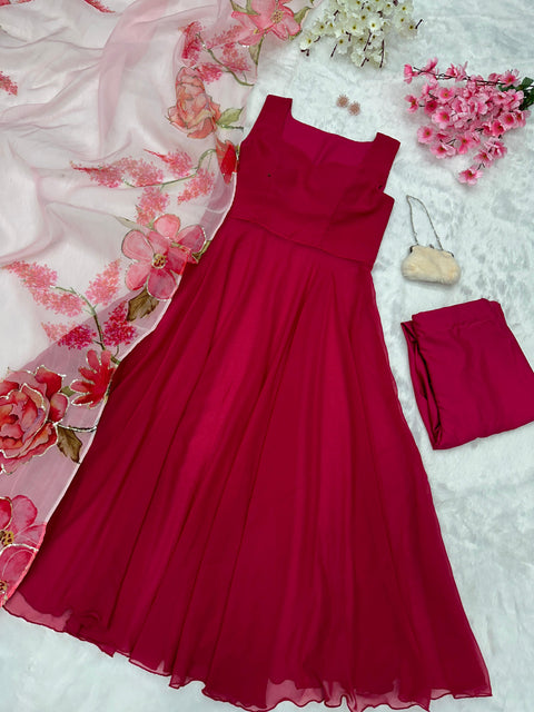 Pink Anarkali with Organza Sequins work Dupatta