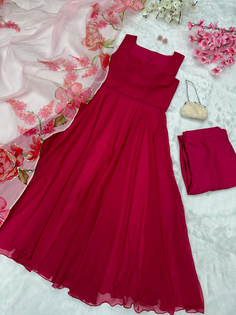 Pink Anarkali with Organza Sequins work Dupatta