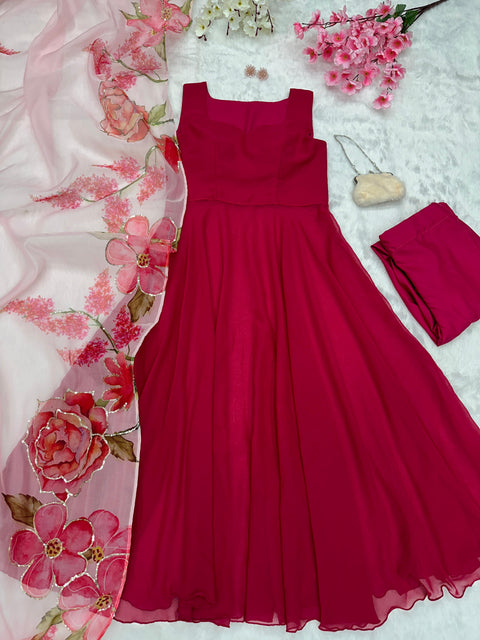 Pink Anarkali with Organza Sequins work Dupatta