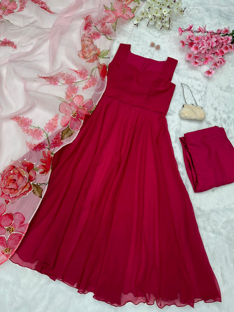 Pink Anarkali with Organza Sequins work Dupatta