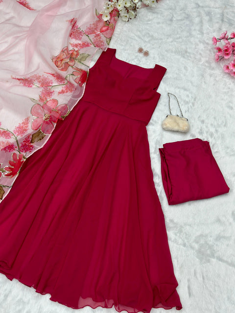 Pink Anarkali with Organza Sequins work Dupatta