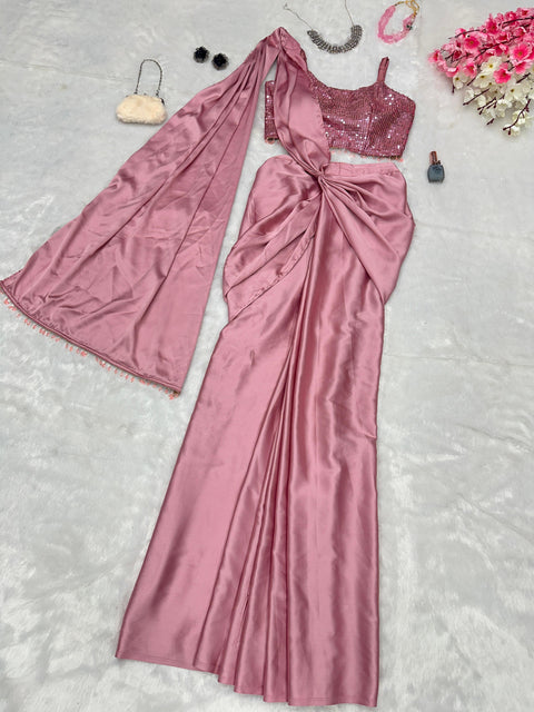 Pure Japan satin Rose gold Ready to wear saree with Sequins work Blouse