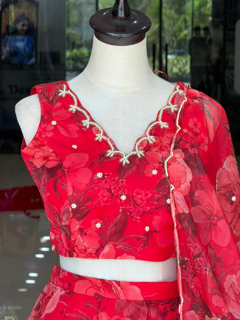 Red floral lehenga