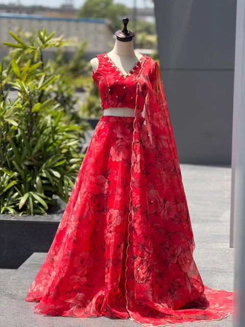 Red floral lehenga