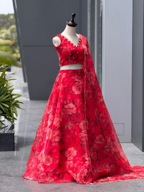 Red floral lehenga