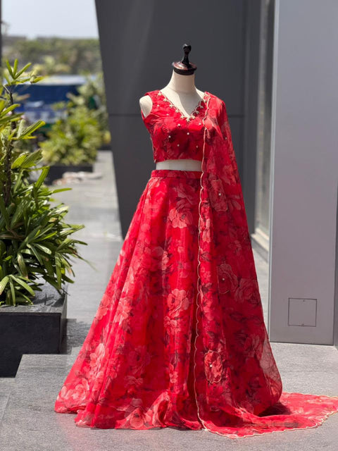 Red floral lehenga