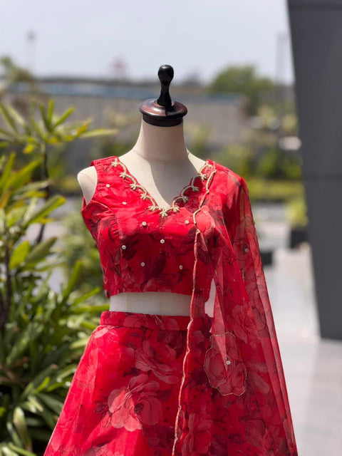 Red floral lehenga