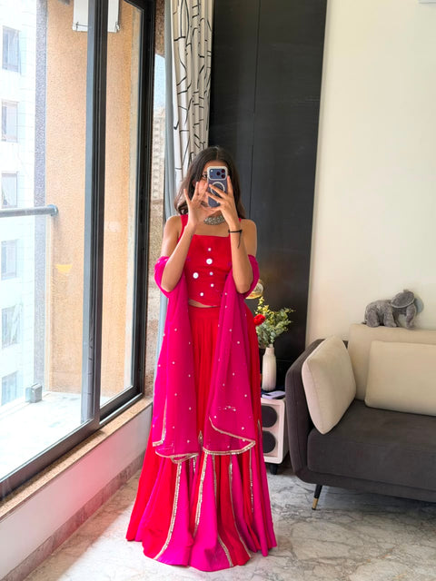 Red mirror work lehenga
