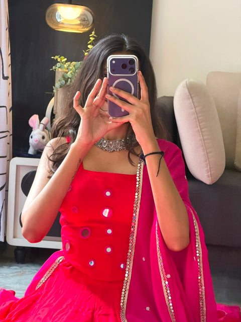 Red mirror work lehenga