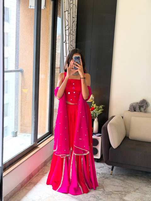 Red mirror work lehenga