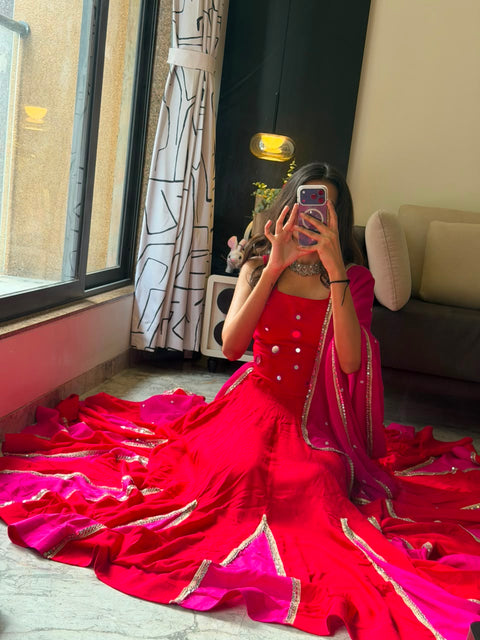 Red mirror work lehenga