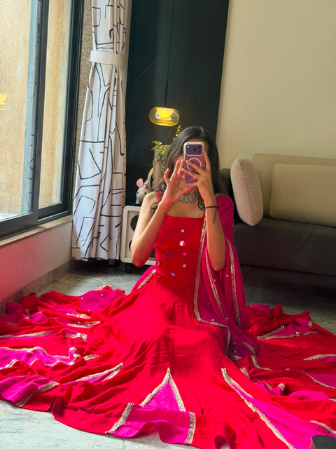 Red mirror work lehenga