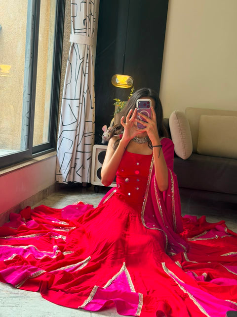 Red mirror work lehenga