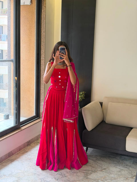 Red mirror work lehenga