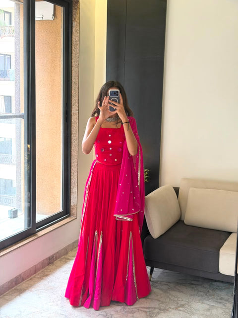 Red mirror work lehenga