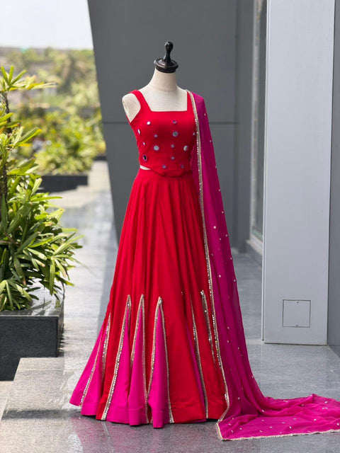 Red mirror work lehenga
