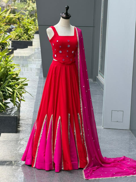 Red mirror work lehenga