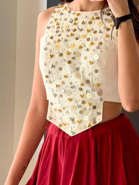 Cream & Maroon Navratri Lehenga