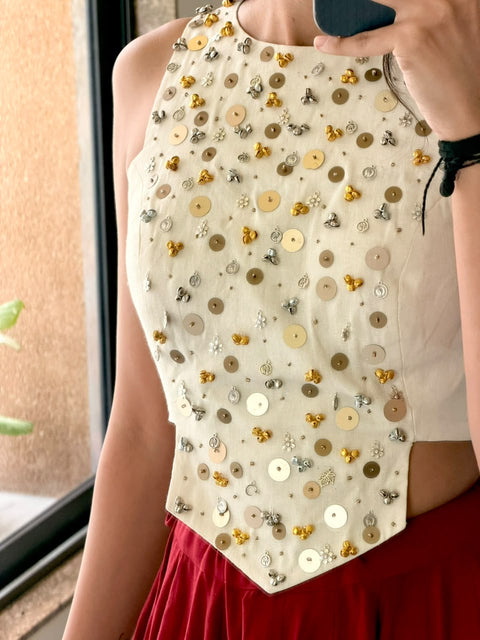 Cream & Maroon Navratri Lehenga