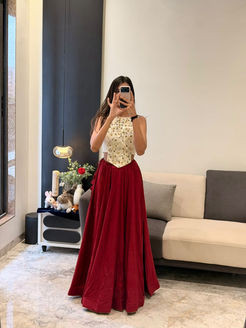 Cream & Maroon Navratri Lehenga