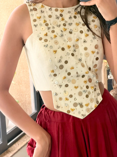 Cream & Maroon Navratri Lehenga