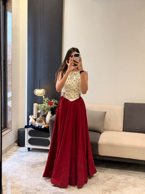 Cream & Maroon Navratri Lehenga