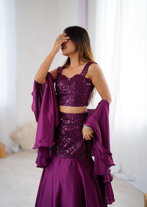 Wine fish cut lehnga choli