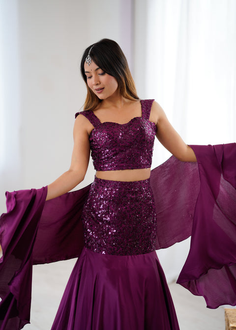 Wine fish cut lehnga choli