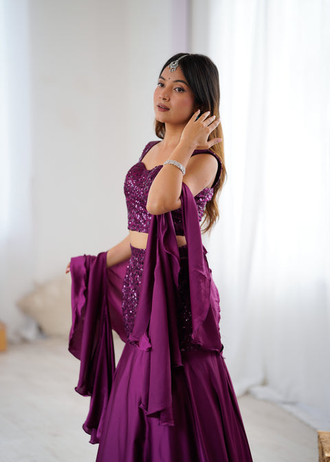 Wine fish cut lehnga choli