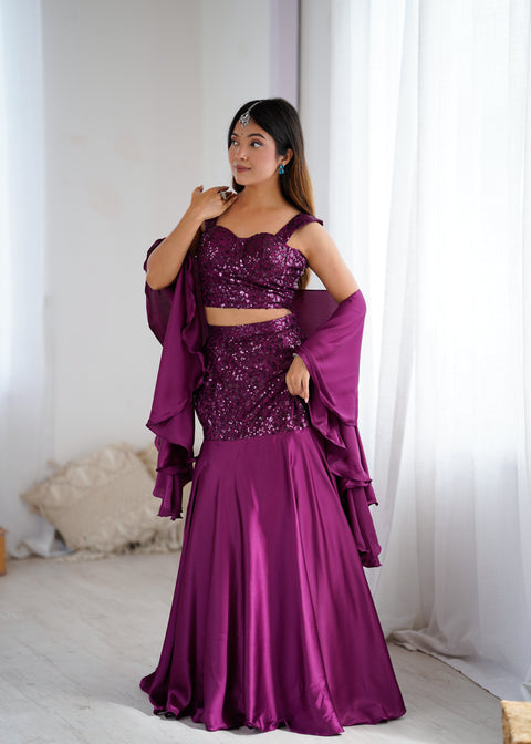 Wine fish cut lehnga choli