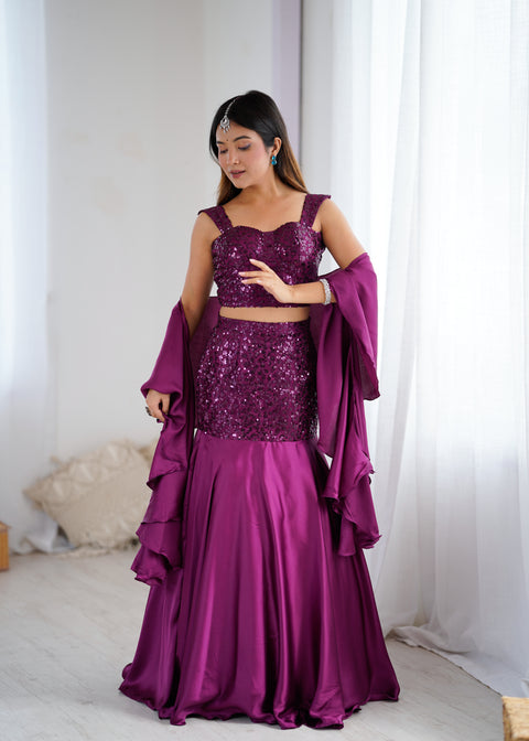 Wine fish cut lehnga choli