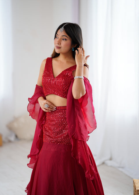 Red fish cut lehnga