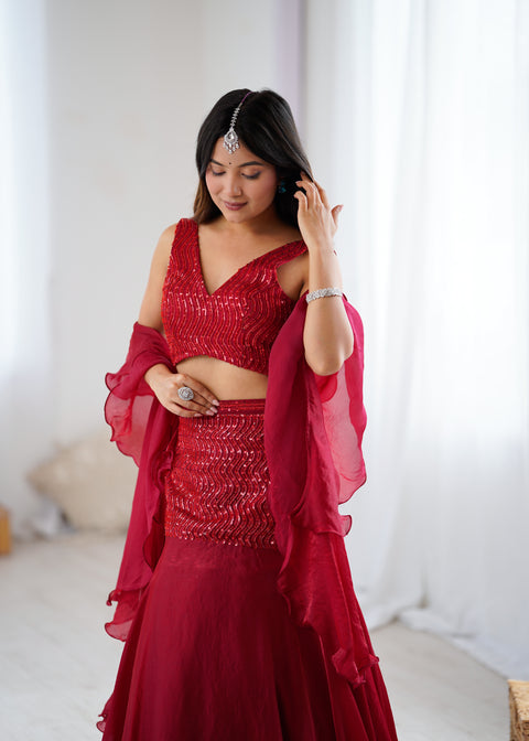 Red fish cut lehnga